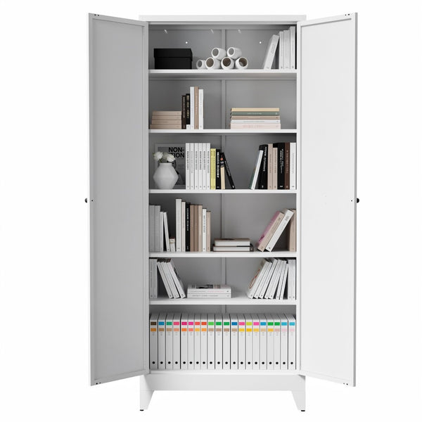 English Elm 75 Inch Freestanding Steel Pantry Cabinet with Fluted Doors and Five Adjustable Shelves T2398P507511