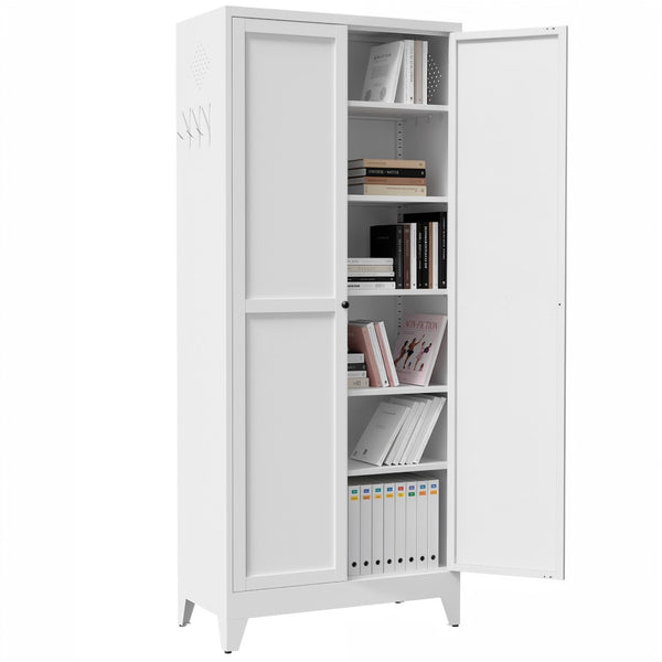 English Elm 75 Inch Freestanding Steel Pantry Cabinet with Fluted Doors and Five Adjustable Shelves T2398P507511
