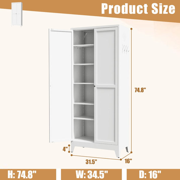 English Elm 75 Inch Freestanding Steel Pantry Cabinet with Fluted Doors and Five Adjustable Shelves T2398P507511