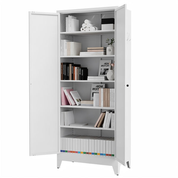 English Elm 75 Inch Freestanding Steel Pantry Cabinet with Fluted Doors and Five Adjustable Shelves T2398P507511