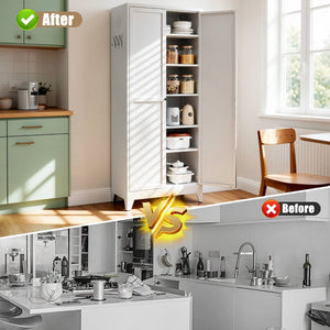 English Elm 75 Inch Freestanding Steel Pantry Cabinet with Fluted Doors and Five Adjustable Shelves T2398P507511