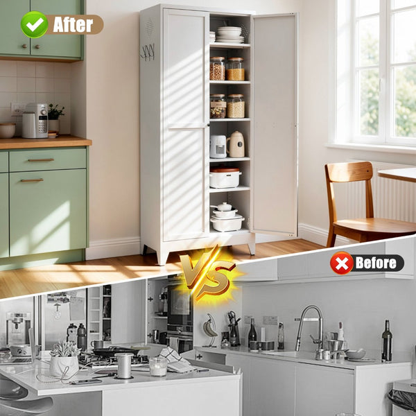 English Elm 75 Inch Freestanding Steel Pantry Cabinet with Fluted Doors and Five Adjustable Shelves T2398P507511