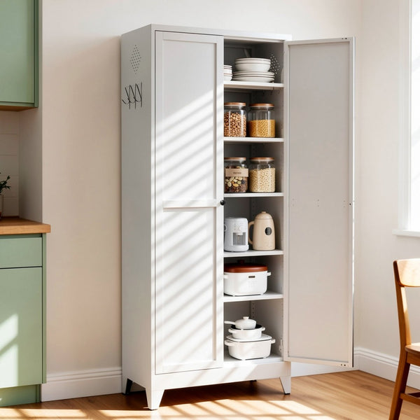 English Elm 75 Inch Freestanding Steel Pantry Cabinet with Fluted Doors and Five Adjustable Shelves T2398P507511