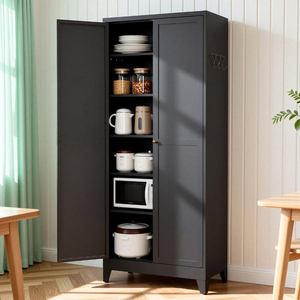 English Elm 75 Inch Freestanding Matte Black Steel Pantry Cabinet with Fluted Doors and Five Shelves T2398P507512