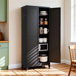 English Elm 75 Inch Freestanding Matte Black Steel Pantry Cabinet with Fluted Doors and Five Shelves T2398P507512