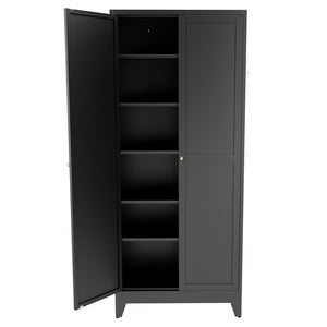 English Elm 75 Inch Freestanding Matte Black Steel Pantry Cabinet with Fluted Doors and Five Shelves T2398P507512