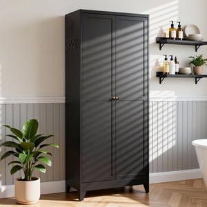 English Elm 75 Inch Freestanding Matte Black Steel Pantry Cabinet with Fluted Doors and Five Shelves T2398P507512