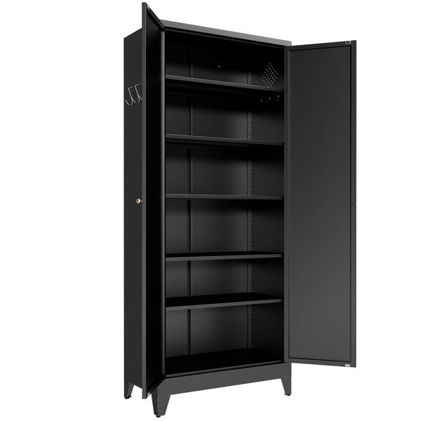 English Elm 75 Inch Freestanding Matte Black Steel Pantry Cabinet with Fluted Doors and Five Shelves T2398P507512