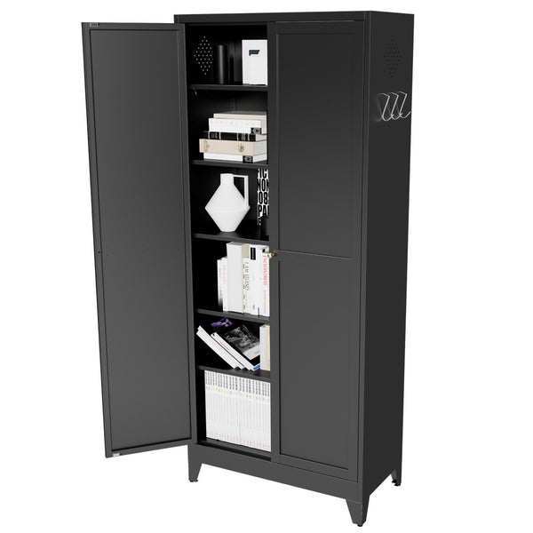 English Elm 75 Inch Freestanding Matte Black Steel Pantry Cabinet with Fluted Doors and Five Shelves T2398P507512