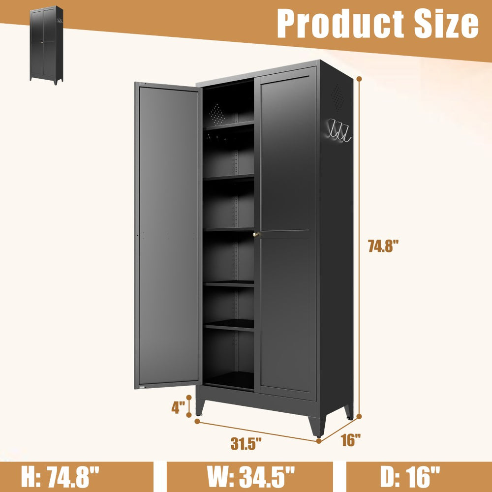 English Elm 75 Inch Freestanding Matte Black Steel Pantry Cabinet with Fluted Doors and Five Shelves T2398P507512