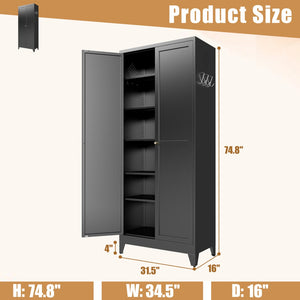English Elm 75 Inch Freestanding Matte Black Steel Pantry Cabinet with Fluted Doors and Five Shelves T2398P507512
