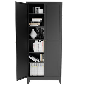 English Elm 75 Inch Freestanding Matte Black Steel Pantry Cabinet with Fluted Doors and Five Shelves T2398P507512