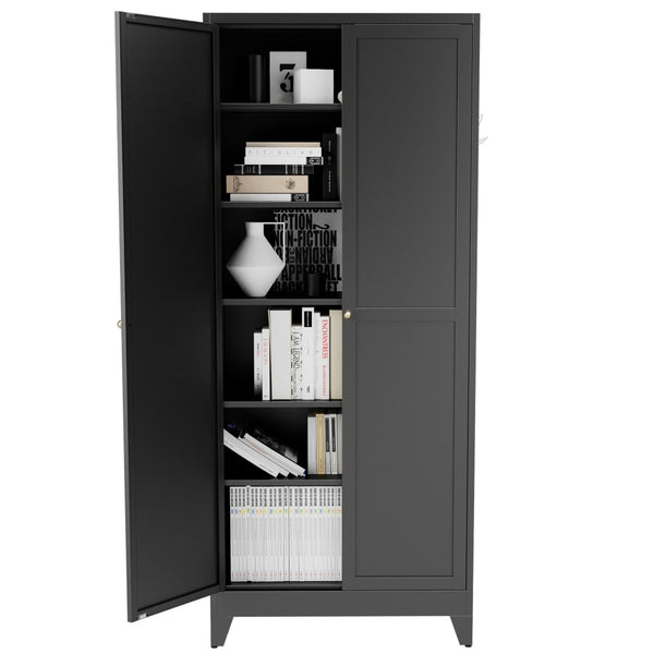 English Elm 75 Inch Freestanding Matte Black Steel Pantry Cabinet with Fluted Doors and Five Shelves T2398P507512