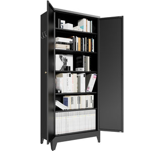 English Elm 75 Inch Freestanding Matte Black Steel Pantry Cabinet with Fluted Doors and Five Shelves T2398P507512