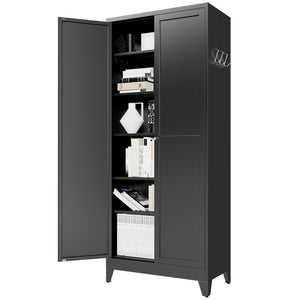 English Elm 75 Inch Freestanding Matte Black Steel Pantry Cabinet with Fluted Doors and Five Shelves T2398P507512