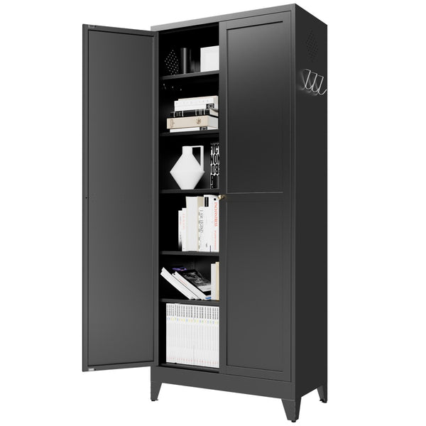 English Elm 75 Inch Freestanding Matte Black Steel Pantry Cabinet with Fluted Doors and Five Shelves T2398P507512