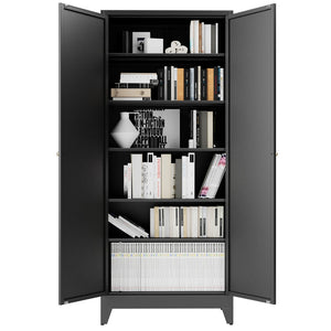 English Elm 75 Inch Freestanding Matte Black Steel Pantry Cabinet with Fluted Doors and Five Shelves T2398P507512