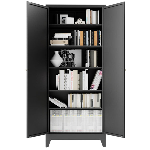 English Elm 75 Inch Freestanding Matte Black Steel Pantry Cabinet with Fluted Doors and Five Shelves T2398P507512