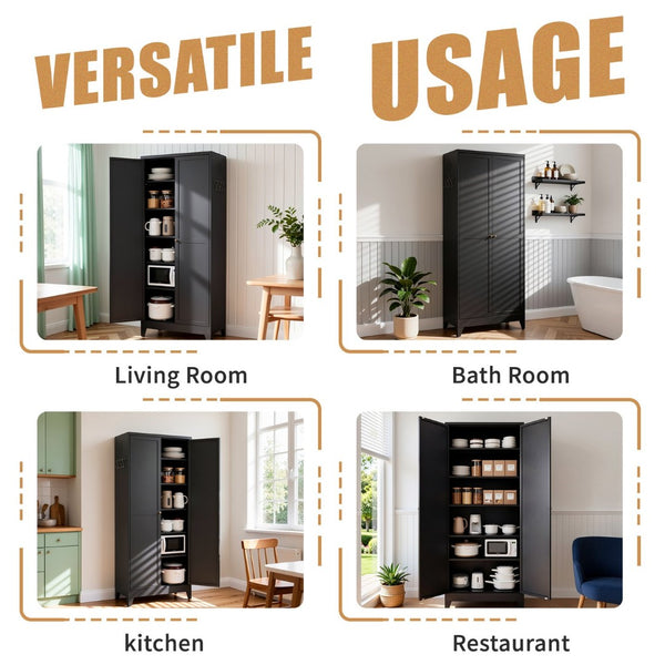 English Elm 75 Inch Freestanding Matte Black Steel Pantry Cabinet with Fluted Doors and Five Shelves T2398P507512