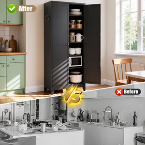 English Elm 75 Inch Freestanding Matte Black Steel Pantry Cabinet with Fluted Doors and Five Shelves T2398P507512