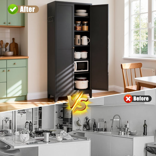 English Elm 75 Inch Freestanding Matte Black Steel Pantry Cabinet with Fluted Doors and Five Shelves T2398P507512