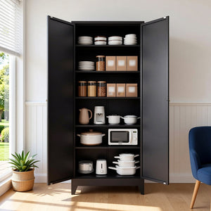 English Elm 75 Inch Freestanding Matte Black Steel Pantry Cabinet with Fluted Doors and Five Shelves T2398P507512