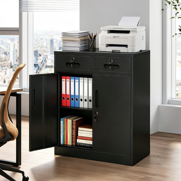 English Elm Metal Lockable Steel Cabinet Two Drawers Adjustable Shelf Secure Home Office Storage T2398P507513