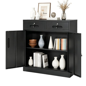 English Elm Metal Lockable Steel Cabinet Two Drawers Adjustable Shelf Secure Home Office Storage T2398P507513