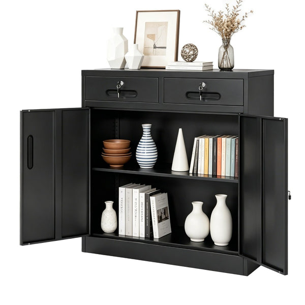 English Elm Metal Lockable Steel Cabinet Two Drawers Adjustable Shelf Secure Home Office Storage T2398P507513