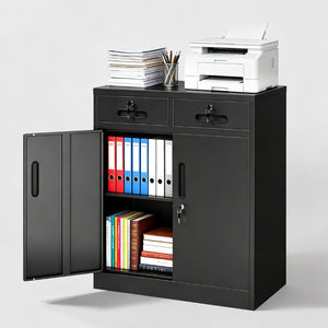 English Elm Metal Lockable Steel Cabinet Two Drawers Adjustable Shelf Secure Home Office Storage T2398P507513