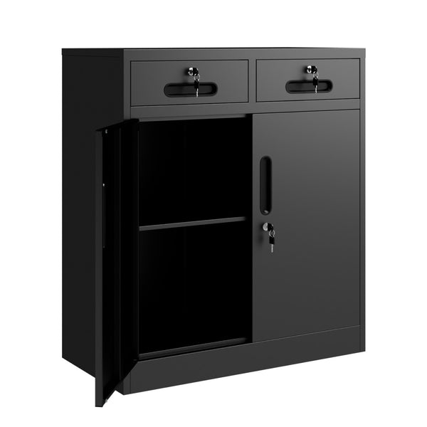 English Elm Metal Lockable Steel Cabinet Two Drawers Adjustable Shelf Secure Home Office Storage T2398P507513