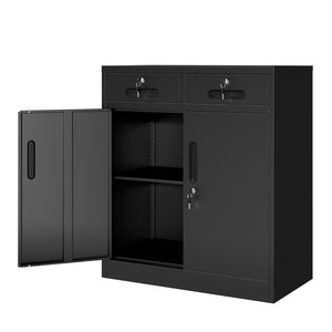 English Elm Metal Lockable Steel Cabinet Two Drawers Adjustable Shelf Secure Home Office Storage T2398P507513