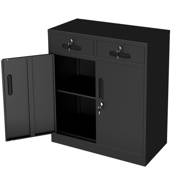 English Elm Metal Lockable Steel Cabinet Two Drawers Adjustable Shelf Secure Home Office Storage T2398P507513