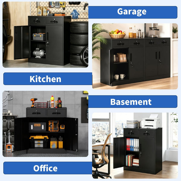 English Elm Metal Lockable Steel Cabinet Two Drawers Adjustable Shelf Secure Home Office Storage T2398P507513
