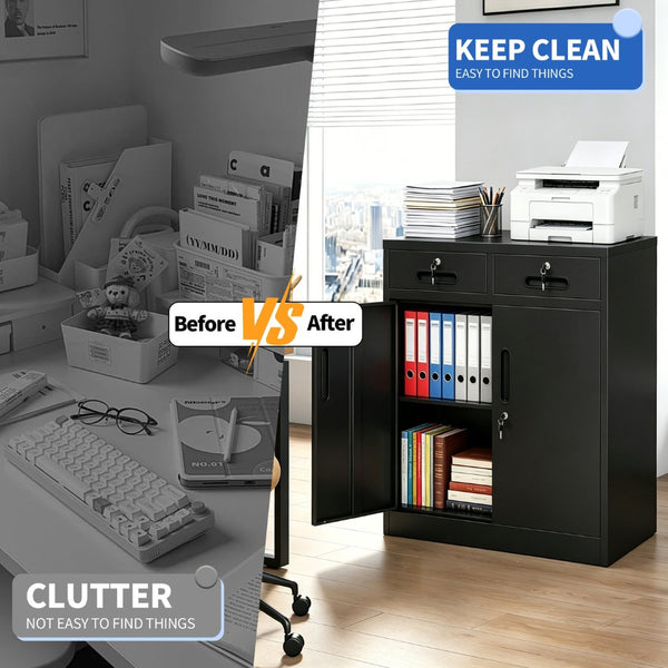English Elm Metal Lockable Steel Cabinet Two Drawers Adjustable Shelf Secure Home Office Storage T2398P507513