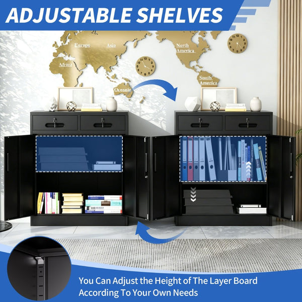 English Elm Metal Lockable Steel Cabinet Two Drawers Adjustable Shelf Secure Home Office Storage T2398P507513