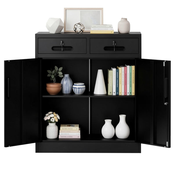 English Elm Metal Lockable Steel Cabinet Two Drawers Adjustable Shelf Secure Home Office Storage T2398P507513