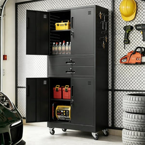 English Elm Metal Garage Storage Cabinet with Pegboard Hooks Locking Doors and Rolling Casters T2398P507514