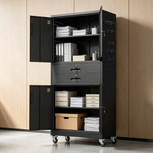 English Elm Metal Garage Storage Cabinet with Pegboard Hooks Locking Doors and Rolling Casters T2398P507514