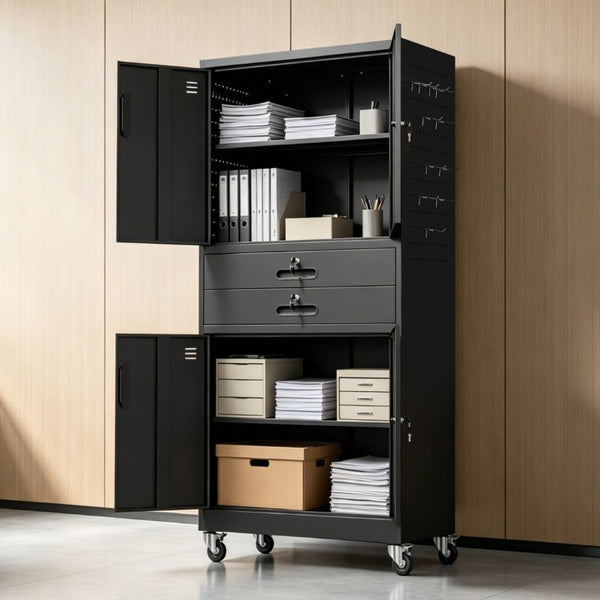 English Elm Metal Garage Storage Cabinet with Pegboard Hooks Locking Doors and Rolling Casters T2398P507514