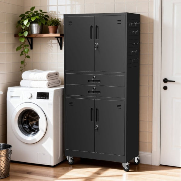 English Elm Metal Garage Storage Cabinet with Pegboard Hooks Locking Doors and Rolling Casters T2398P507514
