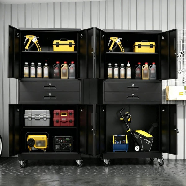 English Elm Metal Garage Storage Cabinet with Pegboard Hooks Locking Doors and Rolling Casters T2398P507514