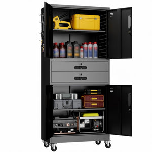 English Elm Metal Garage Storage Cabinet with Pegboard Hooks Locking Doors and Rolling Casters T2398P507514