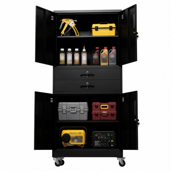English Elm Metal Garage Storage Cabinet with Pegboard Hooks Locking Doors and Rolling Casters T2398P507514