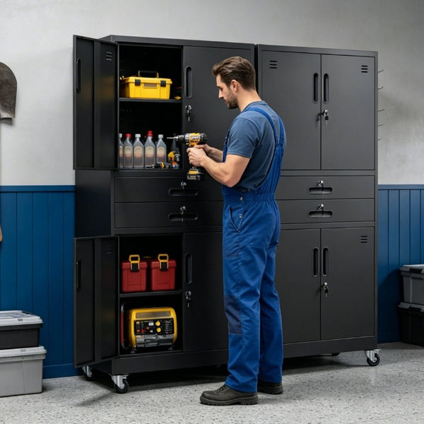 English Elm Metal Garage Storage Cabinet with Pegboard Hooks Locking Doors and Rolling Casters T2398P507514
