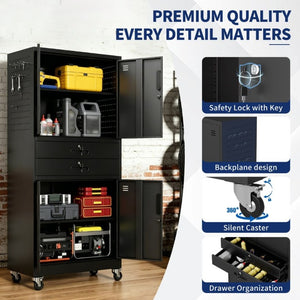 English Elm Metal Garage Storage Cabinet with Pegboard Hooks Locking Doors and Rolling Casters T2398P507514