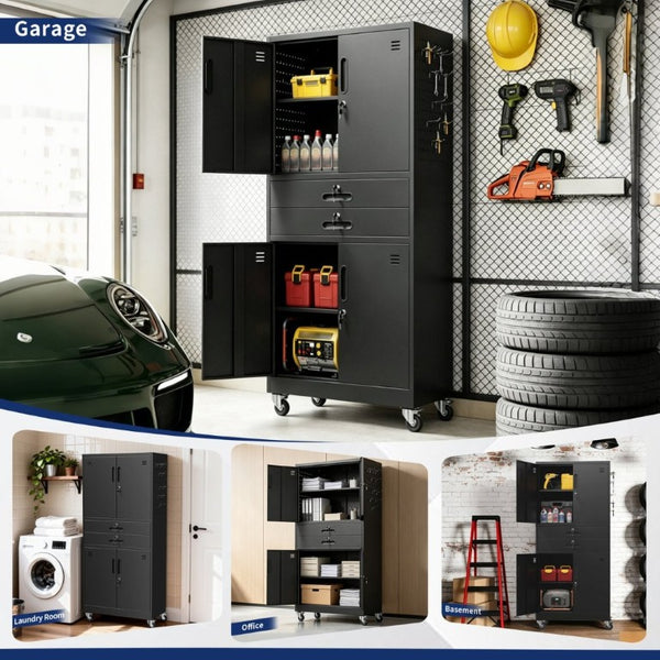 English Elm Metal Garage Storage Cabinet with Pegboard Hooks Locking Doors and Rolling Casters T2398P507514