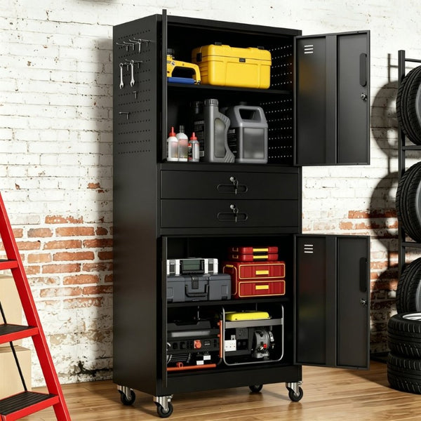 English Elm Metal Garage Storage Cabinet with Pegboard Hooks Locking Doors and Rolling Casters T2398P507514