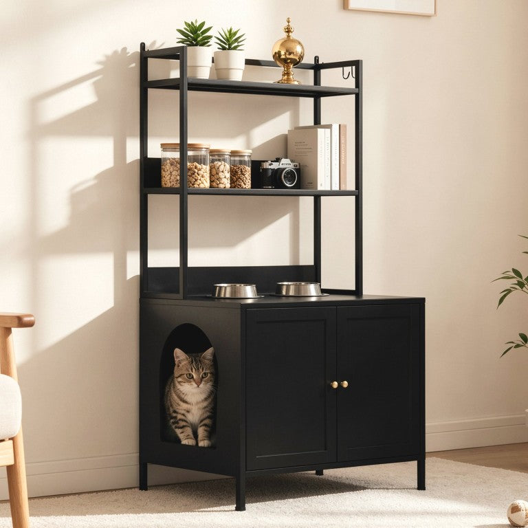 English Elm Metal Litter Box Enclosure 57 Inch Tall Hidden Pet Cabinet with Open Shelving T2398P507515