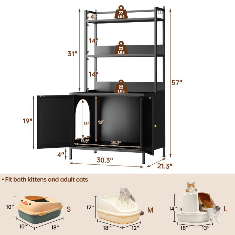 English Elm Metal Litter Box Enclosure 57 Inch Tall Hidden Pet Cabinet with Open Shelving T2398P507515